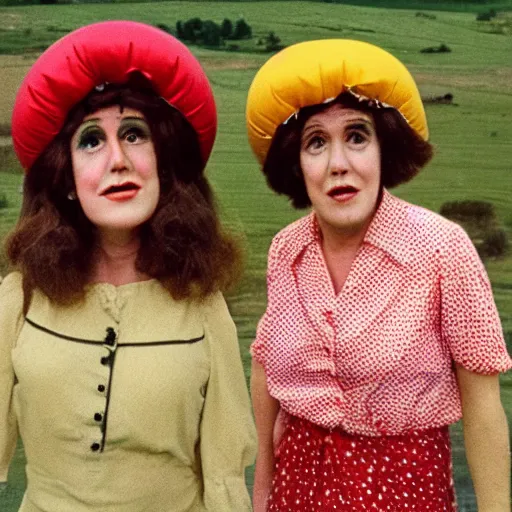 Image similar to two middle aged woman with inflatable heads on top of their heads, wearing dresses, in the hillside, 1976 French film, archival footage, technicolor film expired film live-action, 16mm