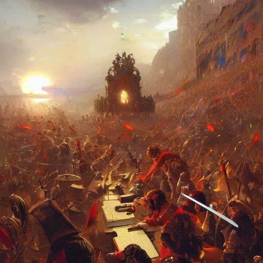 Prompt: a horde of gods are fighting with swords against office managers with keyboards in their hands, digital art by eugene de blaas, ross tran, and nasreddine dinet, vibrant color scheme, intricately detailed, in the style of romanticism, cinematic, artstation, greg rutkowski