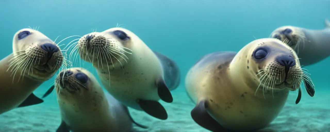 Image similar to seals eating spaghetti underwater in the ocean, canon 5 0 mm, in the style jacques cousteau, kodachrome