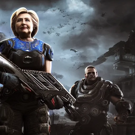Prompt: hillary clinton in gears of war, splash art, movie still, detailed face, photorealistic facial features, cinematic lighting, dramatic, octane render, long lens, shallow depth of field, bokeh, anamorphic lens flare, 8 k, hyper detailed, 3 5 mm film grain