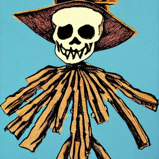 Image similar to skeleton scarecrow in a field, printmaking