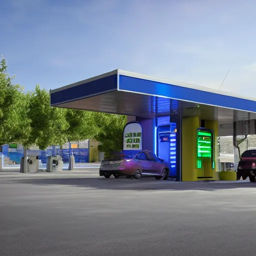 Image similar to photo of glowing sci fi container connected to a gas station in a pleasant urban setting with trees, day - time, sun overhead, award - winning, high res, 4 k, hyper realistic