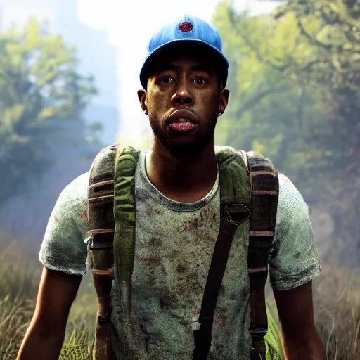 Image similar to high quality 8k screenshot of tyler the creator in The Last Of Us, 8k full body model, detailed rusty texture