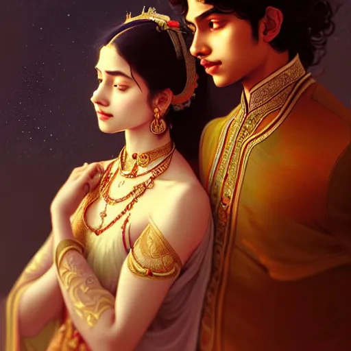 Image similar to portrait of beautiful young bengali romantic couple fantasy, intricate and very very beautiful and elegant, highly detailed, digital painting, artstation, concept art, smooth and sharp focus, illustration, art by tan zi and ayanamikodon and alphonse mucha and wlop