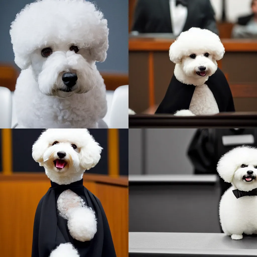 Image similar to a closeup photorealistic photograph of a cute smiling white bichon frise judge wearing a black gown and speaking to the courtroom. this 4 k hd image is trending on artstation, featured on behance, well - rendered, extra crisp, features intricate detail, epic composition and the style of unreal engine.