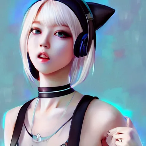 Image similar to realistic teasing detailed semirealism beautiful gorgeous cute Blackpink Lalisa Manoban white hair white cat ears blue eyes, wearing black camisole outfit, headphones, black leather choker full HD 4K high resolution quality WLOP, Aztodio, Taejune Kim, Guweiz, Pixiv, Instagram, Artstation