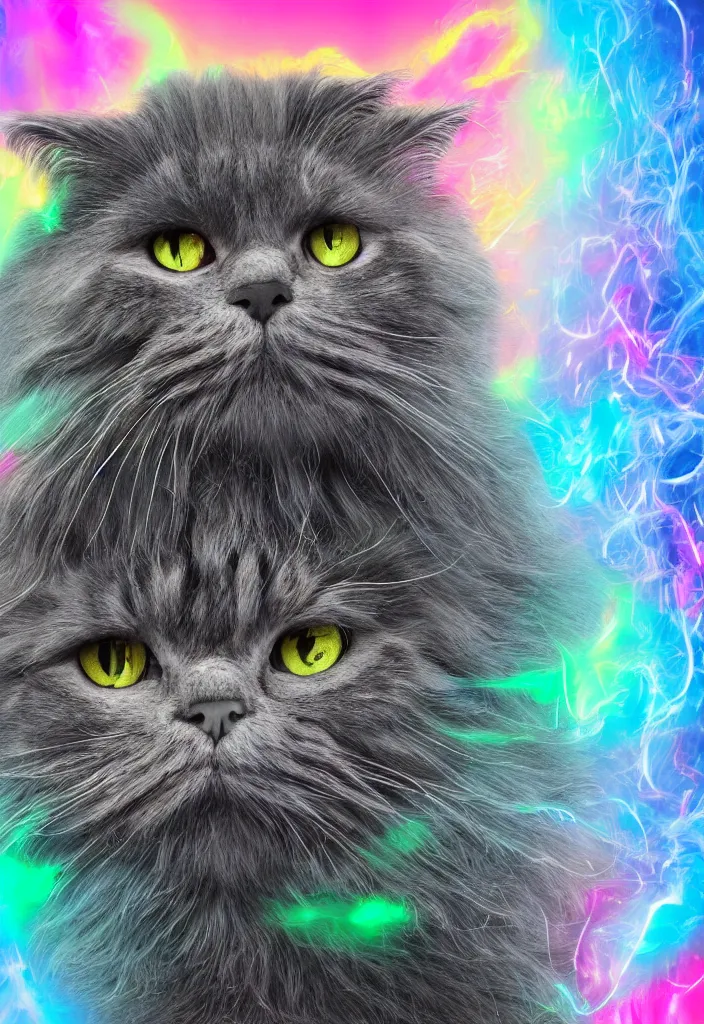 Image similar to longhair floof fluffy coiffed elegant gorgeously cfa champion cute pretty scottish fold cat, radiant with data visualization mathematical diagrams hologram overlay revealing a complex inner mechanations, detailed painting, grisaille dark monochrome with neon fluorescent color airbrush spraypaint accents, by jules julien, wes anderson, lisa frank, basquiat, octane render 4 k