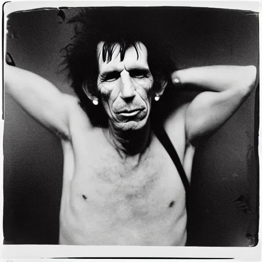 Image similar to photo of Keith Richards by Diane Arbus, black and white, high contrast, Rolleiflex, 55mm f/4 lens