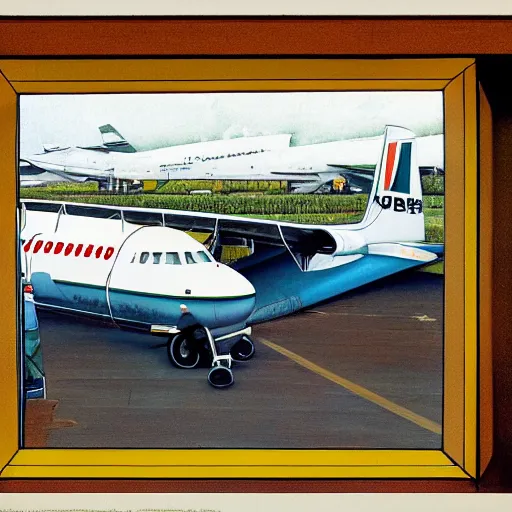 Prompt: View through the window of at an African airport of a Lockheed L-188 Electra parked on the runway norman rockwell artwork