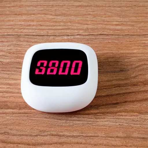 Image similar to Very tiny red alarm clock that looks like the iOS emoji and has the same colors, 3D clay render, 4k UHD, white background, isometric top down left view, diffuse lighting, zoomed out very far