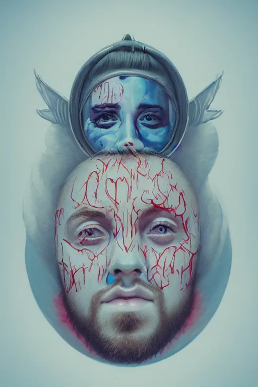 Image similar to The last portrait of Mac Miller, Heavenly, Hellish, Divinity, Hope, Ethereal, Symmetry, God and the Devil on my shoulders, Atmospheric Lighting, artstation trending, good versus evil, ladders, angelic, the divine feminine, drama masks, Pittsburg, Blue Slide Park, Most Dope, environment concept, Rendered in Octane, trending on artstation, cgsociety, moody lighting rendered by octane engine, environment 8K artstation, cinematic lighting, intricate details, 4k detail post processing, hyperealistic, octane render, photo realism