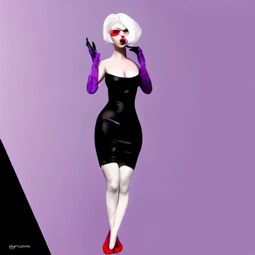 Prompt: curvy feminine goth young woman with dignified tight nylon dress, white hair, red lipstick, purple makeup, relaxed posture, photorealistic, cgsociety, sublime, 16k, smooth, sharp focus, ArtStation, hyperdetailed, volumetric lighting