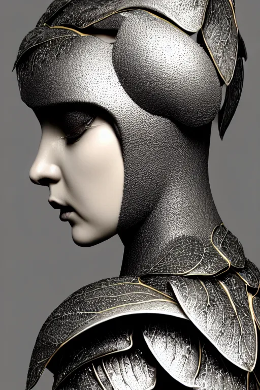 Image similar to monochrome close - up profile face, black background, beautiful young porcelain bio - mechanical vegetal - dragon - cyborg - female, white metallic armour, silver gold details, magnolia leaves and stems, roots, mandelbot fractal, 1 5 0 mm, beautiful natural soft rim light, elegant, hyper real, ultra detailed, octane render, 1 6 k