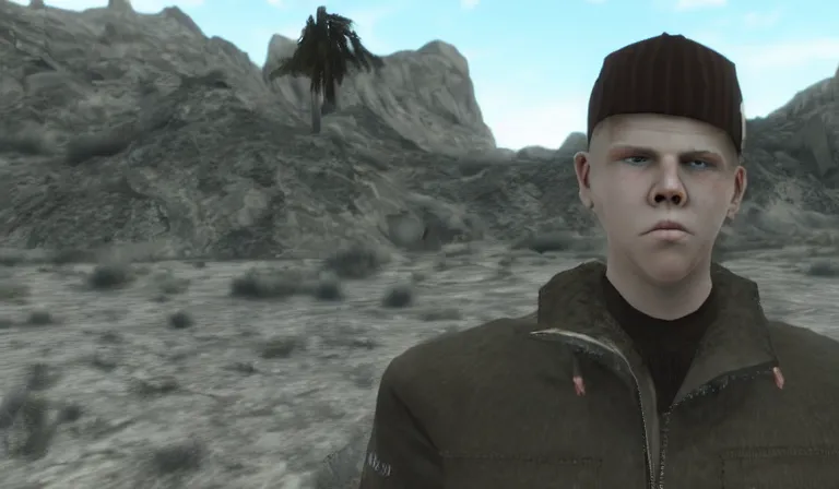 Prompt: Yung Lean in a cutscene from Fallout New Vegas, wide shot, low angle, screenshot