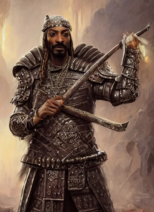 Prompt: snoop dogg as a barbarian, short beard, grumpy, intricate plate armor, purple robes, Ivan Aivakovsky, Boris Vallejo, epic fantasy character art, D&D Concept Art, full length, Realistic, Regal, Refined, Detailed Digital Art, Oil Paining, Exquisite detail, post-processing, masterpiece, Cinematic Lighting, Unreal Engine, 8k, HD, Stanley Artgerm Lau, WLOP, Rossdraws, Frank Frazetta, Andrei Riabovitchev, Marc Simonetti, trending on artstation,