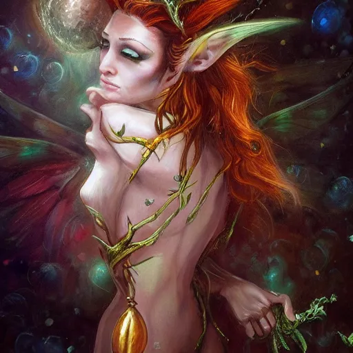 Prompt: A professionaly painted portrait of an archfey, 4k, painted by Terese Nielsen, trending on artstation, tasteful, bokeh, hyperrealistic, highly detailed, good proportions