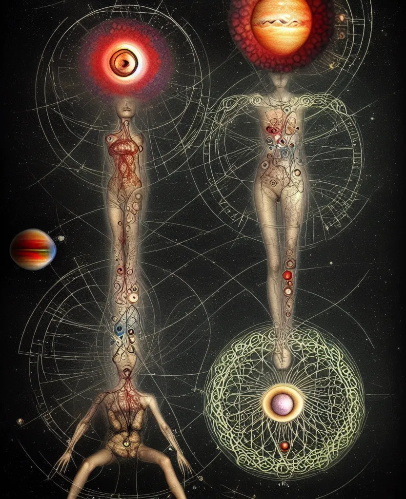 Image similar to inside the universe of a human body soul, whimsical uncanny creature alchemizes unique canto about'as above so below'being ignited by the spirit of haeckel and robert fludd, breakthrough is iminent, glory be to the magic within, to honor jupiter, surreal collage by ronny khalil