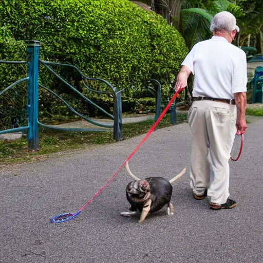 Image similar to elderly man walking a pet crab, leash, park, happy, canon eos r 3, f / 1. 4, iso 2 0 0, 1 / 1 6 0 s, 8 k, raw, unedited, symmetrical balance, wide angle