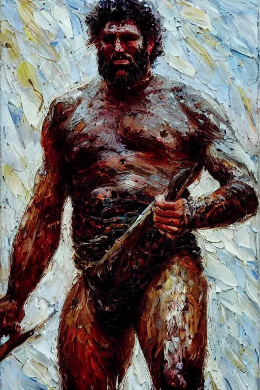 Prompt: highly detailed palette knife oil painting of a historically accurate depiction of the ancient biblical philistine giant warrior Goliath of Gath, fierce, menacing, by Peter Lindbergh, impressionistic brush strokes, painterly brushwork