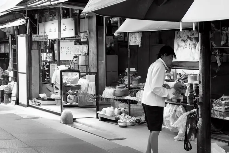 Prompt: still photo of a japanese street vendor, black and white color aesthetic, highly detailed, photorealistic portrait, bright studio setting, studio lighting, crisp quality and light reflections, unreal engine 5 quality render