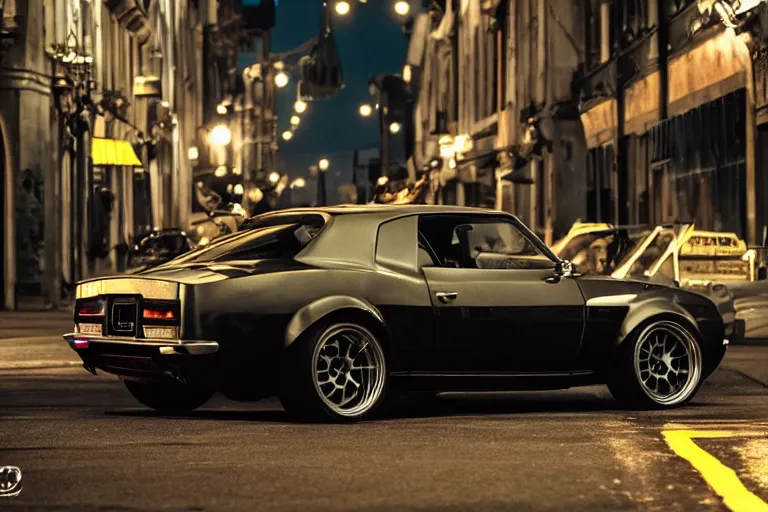 Image similar to widebody audi camaro b 1 ( 1 9 6 9 ), need for speed : carbon, at night, sci - fi, neon lines, lviv historic centre, phonk music background, smoke behind wheels, noise, dark, establishing shot, by simon stalenhag