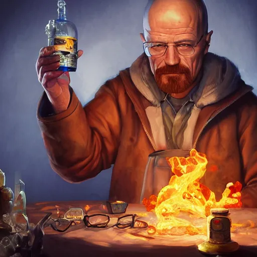 Prompt: Walter White as an Alchemist Making a Potion of Stored Flames of Eden, Fantasy Illustration by Tony Sart, Trending on artstation