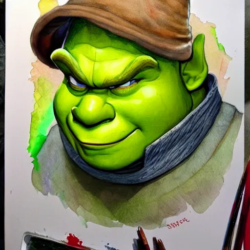 Image similar to water color art on paper, shrek portrait, highly detailed, artstation, masterpiece