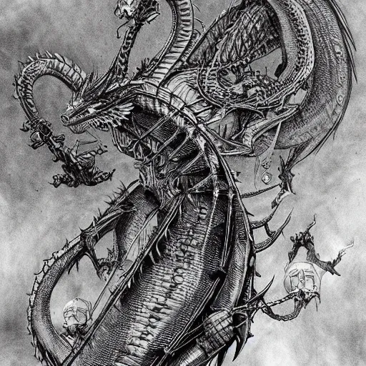 Image similar to dragon flying with steam punk apparatus on it's back, clean lines, really clear, crisp detail, fine pen, artstation, Ian Miller