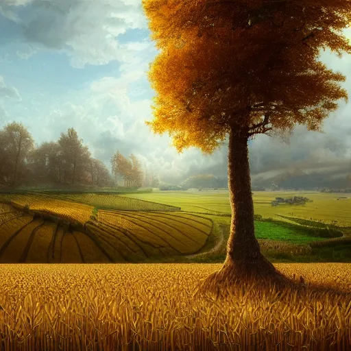 Image similar to Beautiful hyperrealistic detailed matte painting of a landscape of a landscape of wheat fields on which stands a large wooden toilet with a heart cut out of lost vibes in the foreground and a dark forest in the background during autumn, afternoon, winter, by andreas rocha and john howe, and Martin Johnson Heade, featured on artstation, featured on behance, golden ratio, ultrawide angle, f32, well composed, cohesive