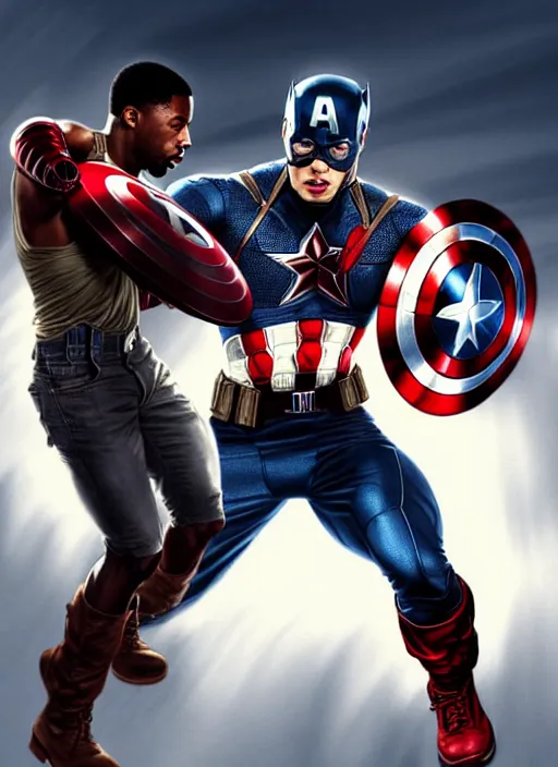 Image similar to Micheal B Jordan punching captain america in the face, Captain America is Chris Evans, realistic, detailed, 4k by Greg Rutkowski, Mark Arian trending on artstation