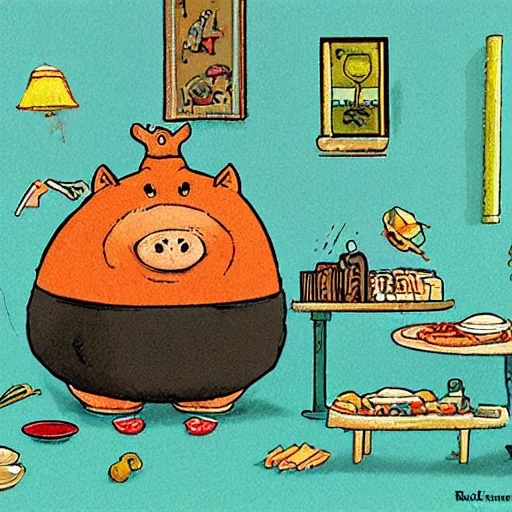 Image similar to a fat pig full from a feast by richard scarry