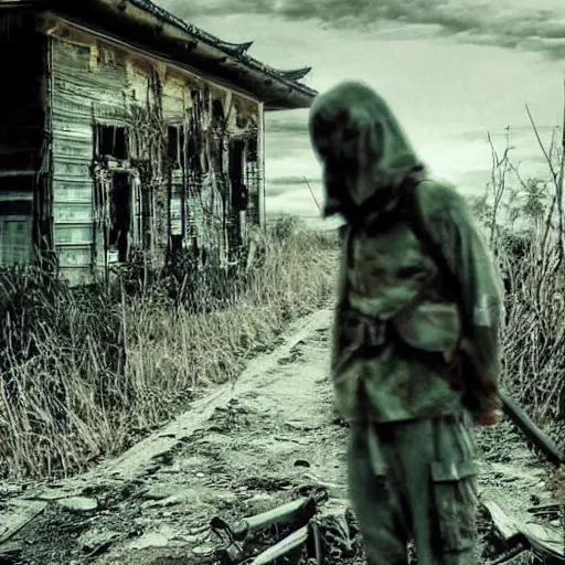 Prompt: horror movie about japanese world wae soldier ghost in abandoned town, realistic