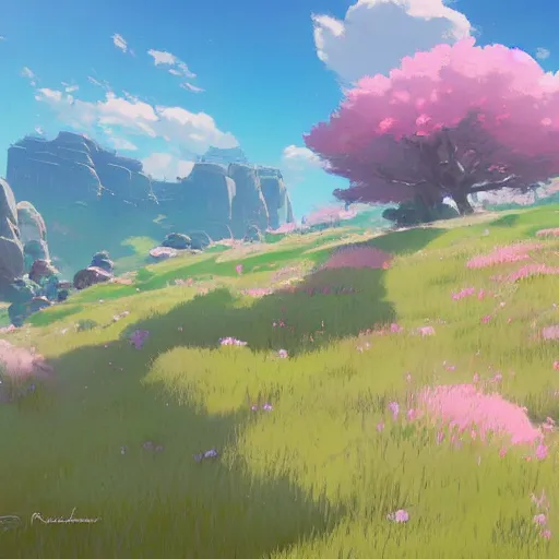 Image similar to pastel landscape of an open rocky field. a few flowers. clean sharp digital art, environment concept art, by rossdraws, ghibli, breath of the wild, greg rutkowski