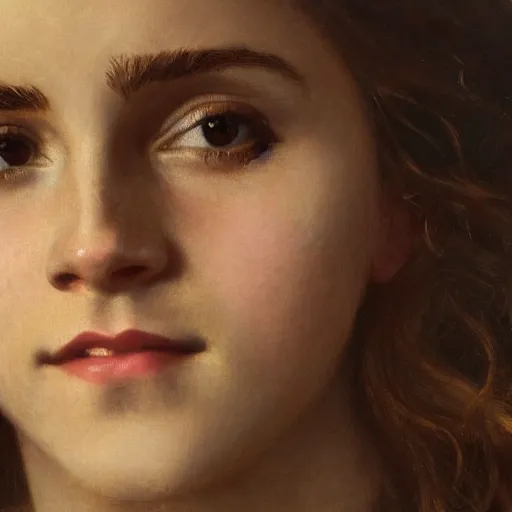 Image similar to Painting of Emma Watson as Hermione Granger. Smiling. Happy. Cheerful. Art by william adolphe bouguereau. Extremely detailed. Extreme close up. Beautiful. 4K. Award winning.
