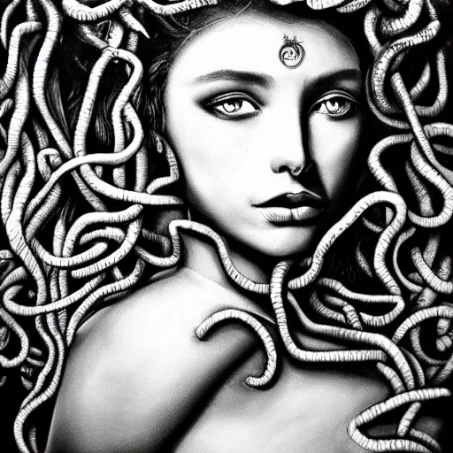 Prompt: medusa portrait painting, black and white, arstation, detailed, blurred background