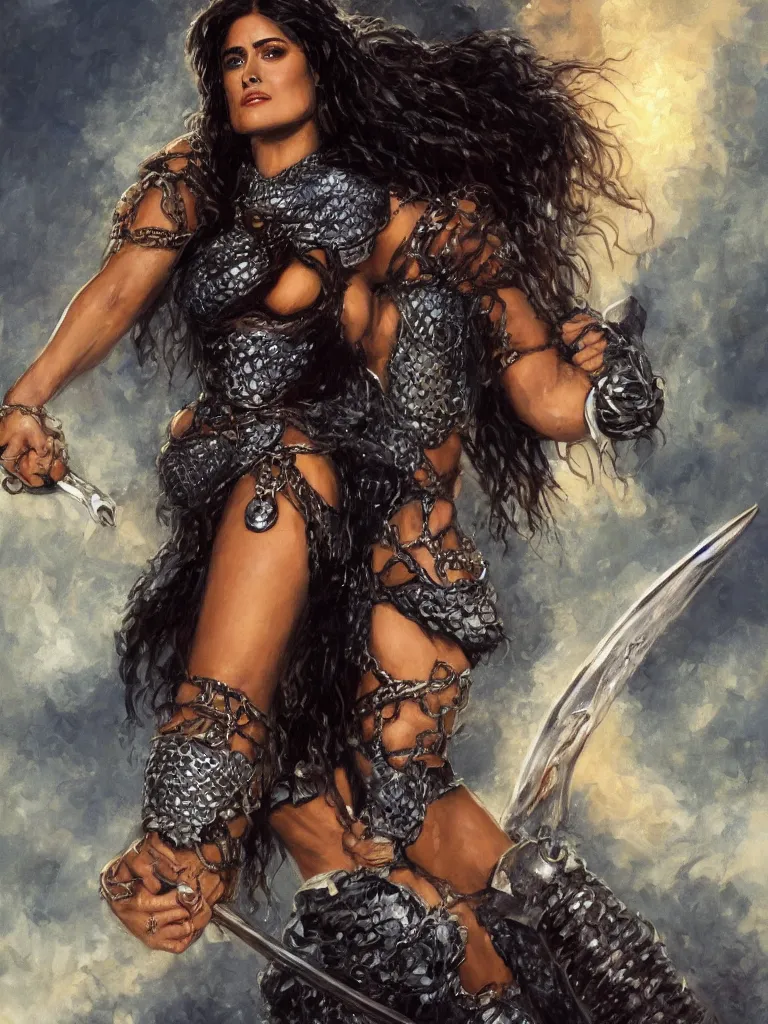 Prompt: A portrait of Salma Hayek wearing a chainmail bikini and holding a sword , by Boris Vallego , Julie Bell , Brom , Frank Frazetta, cinematic , high quality ,extremely detailed , perfect hands ,body and face , trending on artstation , rule of thirds, golden ratio