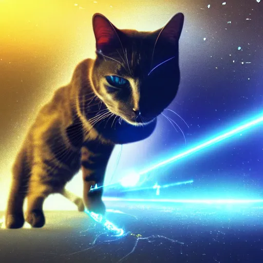 Prompt: cat android shooting laser from eyes, digital art, epic perspective, cinematic