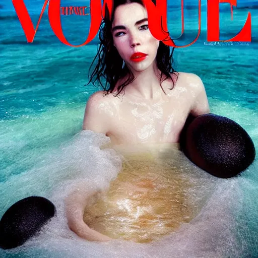 Image similar to stunning vogue magazine photo of dark - haired goddesses vanessa kirby, hailee steinfeld, and bjork smiling, legs intertwined, in a bubble bath, with wet faces!!, wet lips, smooth skin, perfect eyes, insanely detailed, elegant, by wlop, rutkowski, livia prima, mucha, wlop,