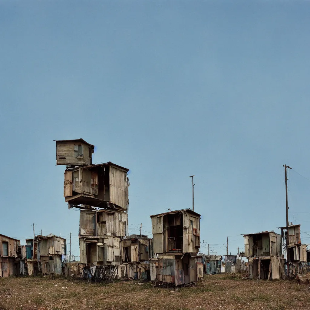 Image similar to close - up towers made up of makeshift squatter shacks with faded colours, plain uniform light blue sky, dystopia, mamiya, very detailed, ultra sharp, photographed by john chiara