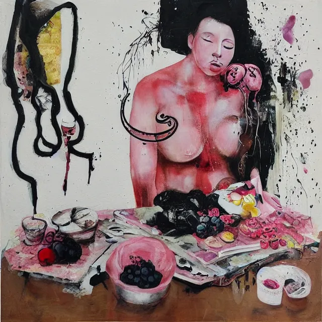 Image similar to “ a portrait in a female art student ’ s apartment, sensual, a pig theme, pork cuts, art supplies, edo, surgical iv bag, octopus, ikebana, herbs, a candle dripping white wax, squashed berries, berry juice drips, acrylic and spray paint and oilstick on canvas, surrealism, neoexpressionism ”