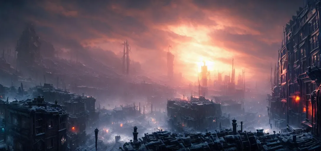 Prompt: frostpunk ruined city, cinematic view, epic sky, detailed, concept art, low angle, high detail, warm lighting, volumetric, godrays, vivid, beautiful, trending on artstation, by jordan grimmer, huge scene, grass, art greg rutkowski