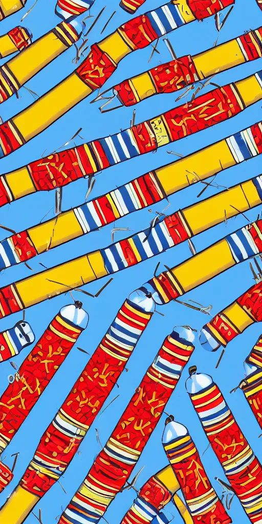 Prompt: seamless pattern of missiles, colourful, symmetrical, repeating 35mm photography