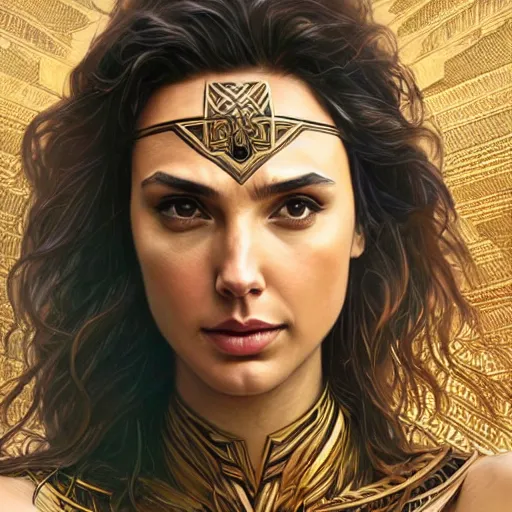 Image similar to gal gadot as totem aztek tribal , intricate, elegant, sharp focus, illustration, highly detailed, digital painting, concept art, matte, art by WLOP and Artgerm and Greg Rutkowski and Alphonse Mucha, masterpiece