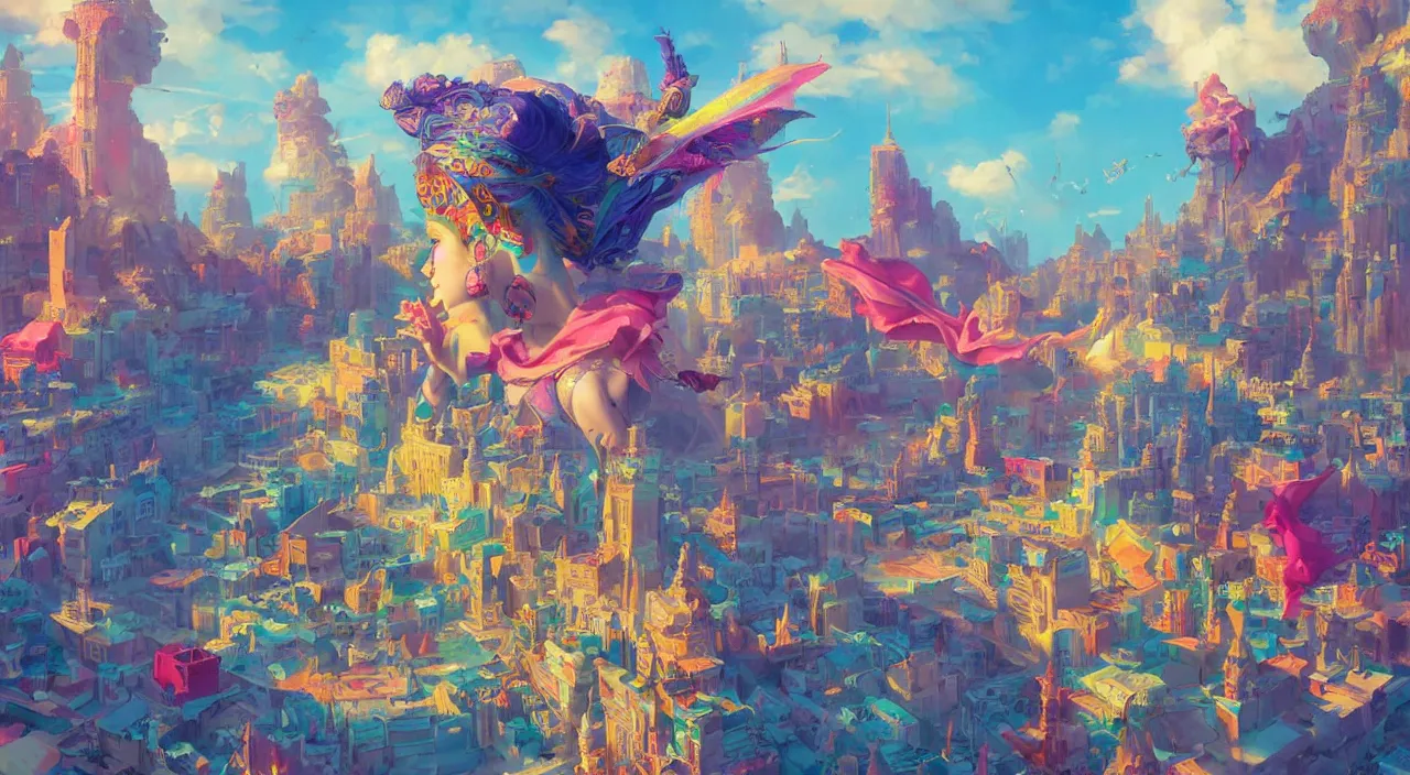 Prompt: bazaar zouk oriantal multicolorful sky shine place mosquet painting, sunny day, matte painting, bold shapes, hard edges, street art, trending on artstation, by huang guangjian and gil elvgren and sachin teng