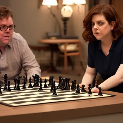 Prompt: rachel bloom playing chess against donna lynne champlin