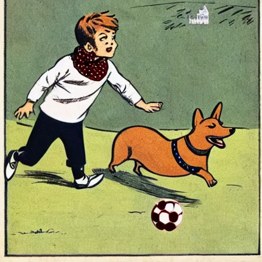 Image similar to illustration of french boy in paris playing football against a corgi, the dog is wearing a polka dot scarf, comic, 1 9 6 2