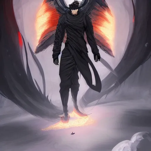 Image similar to full body anime style human with a beard out of fire, in dragon form, bald. fantasy style. very punk / alt aesthetic. wings and tail, a highly detailed, digital painting, artstation, concept art, matte, sharp focus, illustration, art by artgerm and greg rutkowski