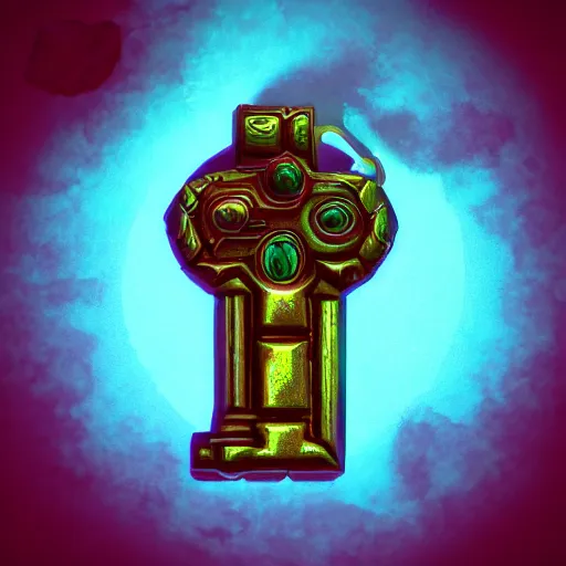 Image similar to a stylised old colorful metal key, key is on the center, rpg game inventory item, rim light, outer glow, on the white background, trending on artstation