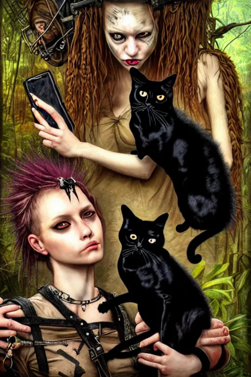 Image similar to punk rock girls making selfie with black cats in jungle , mad max jacket, post apocalyptic, renaissance, highly detailed, digital painting, 4k, oil painting by Leonardo Da Vinci, hyper realistic style, fantasy by Olga Fedorova