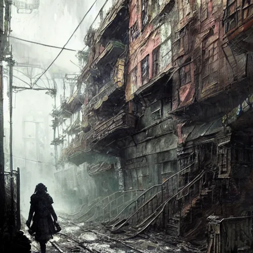 Image similar to sadie sink runs desperately | a mechanical monstrosity chases sadie sink | alleyway near decaying tenements. concept art for scifi dystopian film. by nikolay makovsky, bob byerley, wadim kashin, andrea kowch. cinematic moody atmosphere, detailed and intricate, perfect anatomy